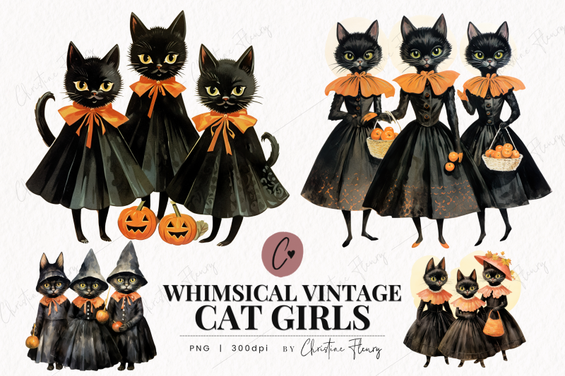 whimsical-vintage-cat-girls-clipart