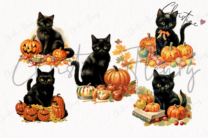 whimsical-vintage-halloween-cats-clipart