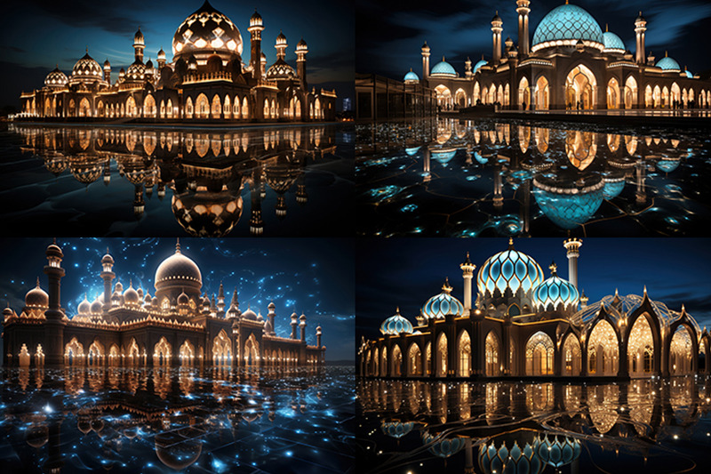 arafed-view-of-a-mosque-lit-up-at-night-with-a-reflection-in-the-water