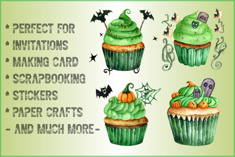 watercolor-green-cupcake-and-halloween-clipart