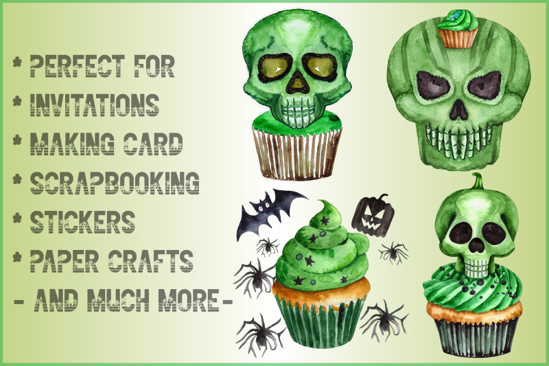 watercolor-green-cupcake-and-halloween-clipart