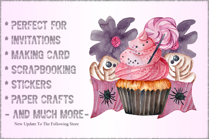 watercolor-pink-cupcake-and-halloween-clipart
