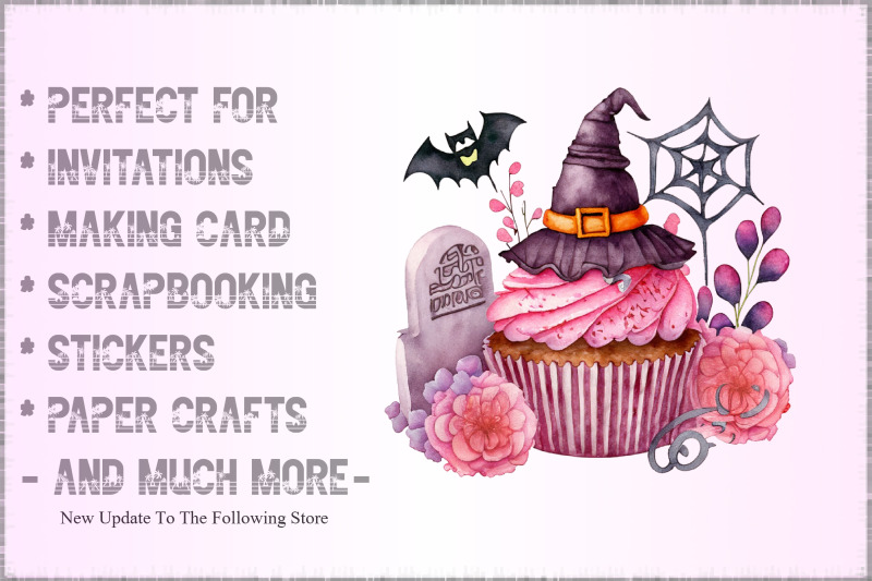 watercolor-pink-cupcake-and-halloween-clipart