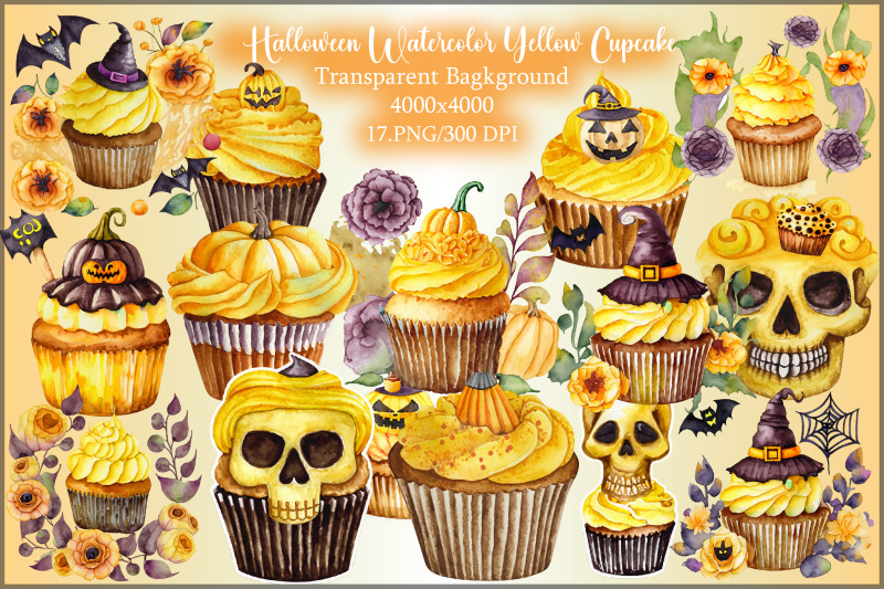 watercolor-yellow-cupcake-and-halloween-clipart