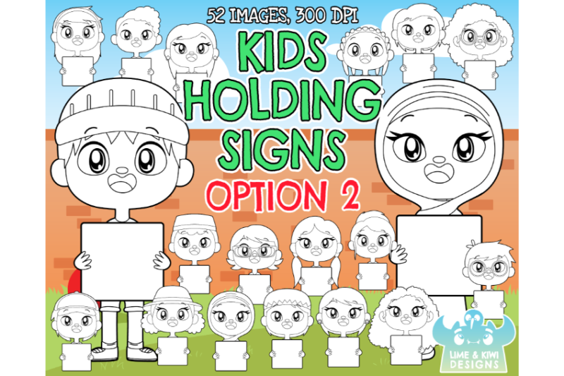 kids-holding-signs-2-digital-stamps-lime-and-kiwi-designs