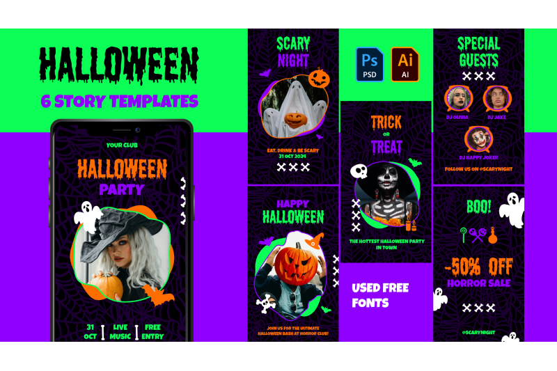 neon-halloween-story-templates