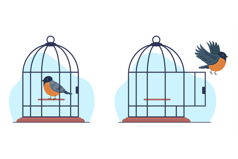 concept-of-captivity-and-freedom-bird-sits-in-cage-and-bird-flies-out