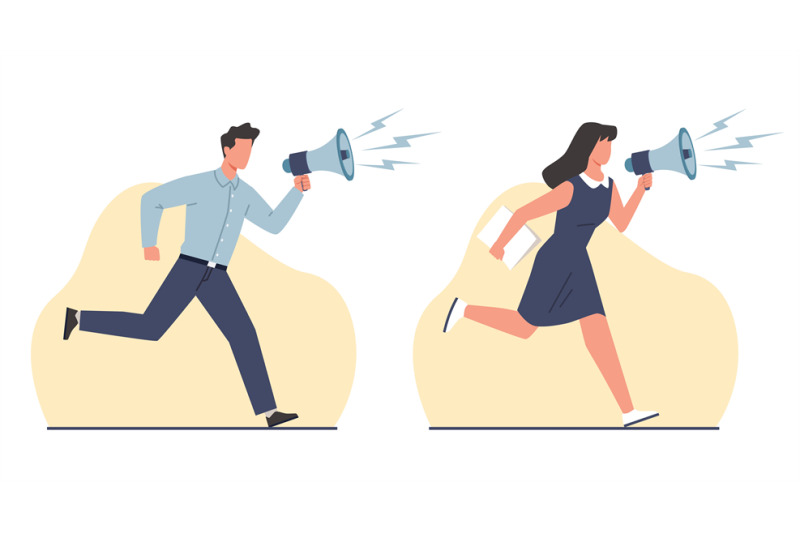 concept-of-commercial-guy-and-girl-running-and-talking-into-megaphone