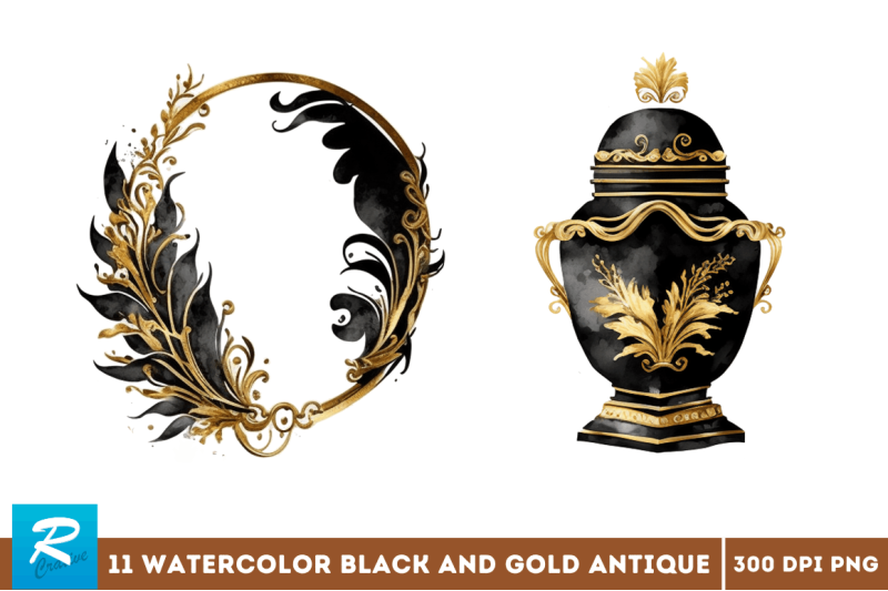 watercolor-black-and-gold-antique-clipart-bundle