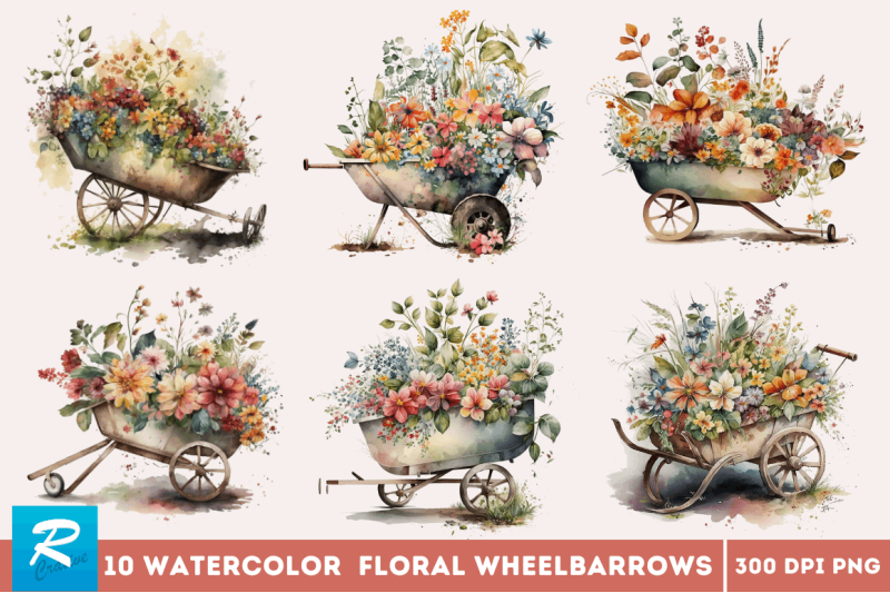 watercolor-floral-wheelbarrows-clipart-bundle