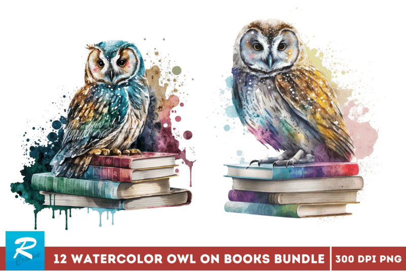 watercolor-owl-on-books-clipart-bundle