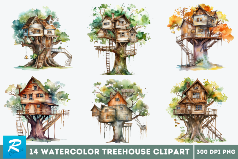 watercolor-treehouse-clipart-bundle