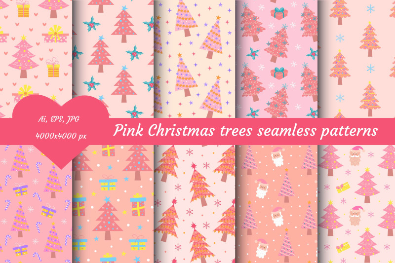 pink-christmas-trees-seamless-patterns