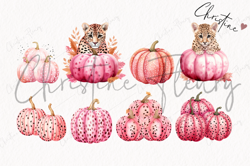 watercolor-pink-leopard-pumpkins-clipart