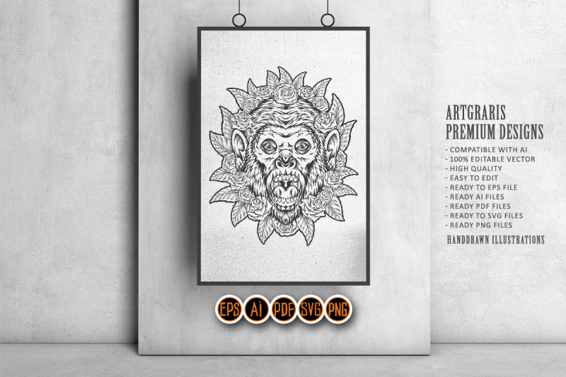 monkey-sugar-skull-floral-fiesta-ornament-monochrome