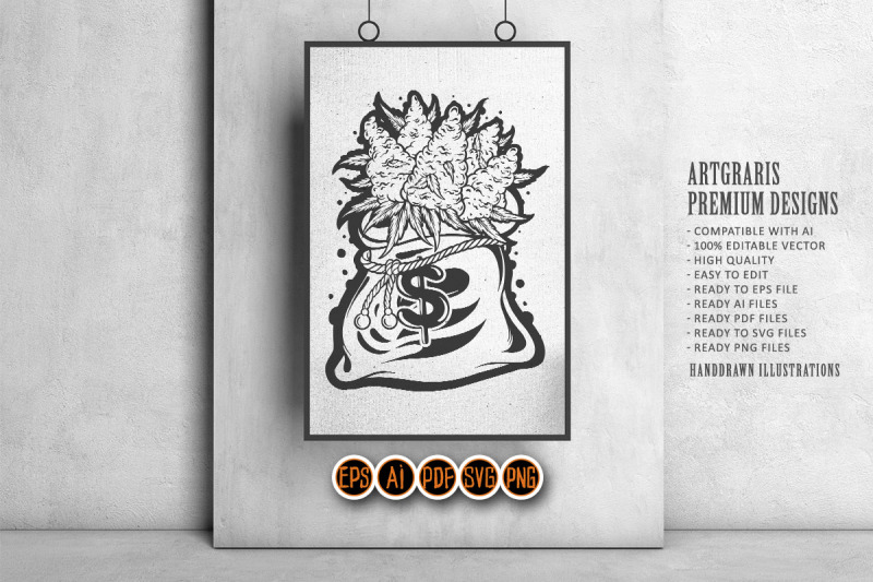 cannabis-buds-dollar-symbol-sack-monochrome