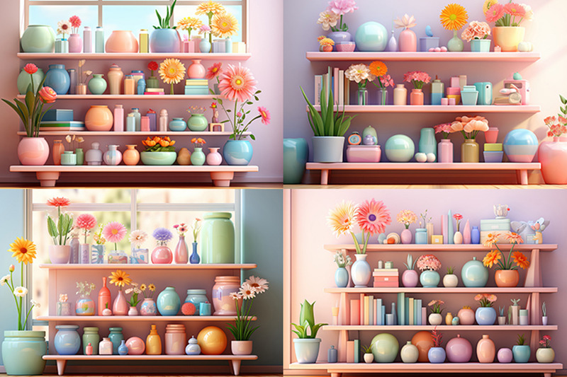 a-shelf-with-vases-and-flowers-on-it