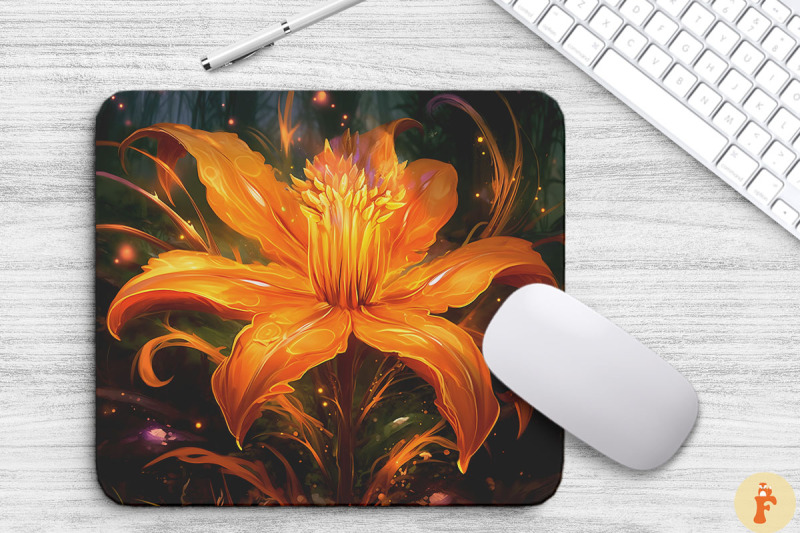 whimsical-alien-orange-flower-mouse-pad