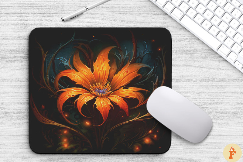 whimsical-alien-orange-flower-mouse-pad