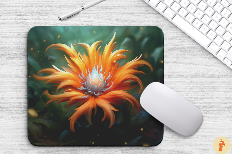 whimsical-alien-orange-flower-mouse-pad