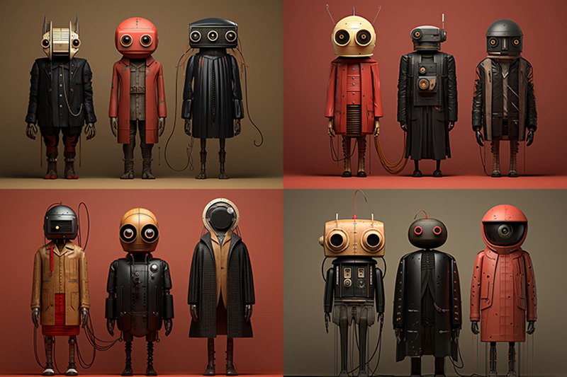 three-robots-in-coats-and-helmets-stand-in-a-row