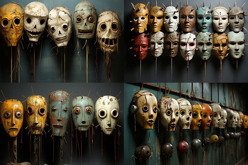 a-group-of-masks-with-spikes-on-them