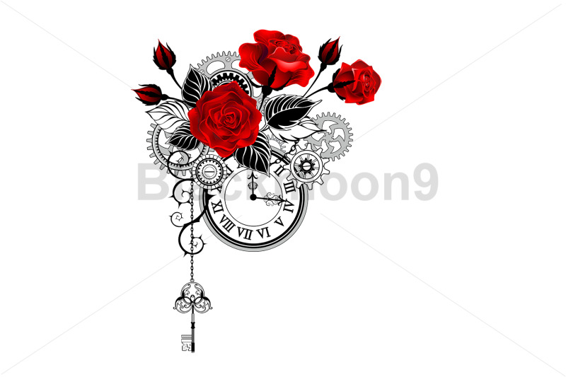 design-with-red-roses-and-clock