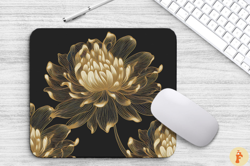 chrysanthemum-golden-line-art-mouse-pad