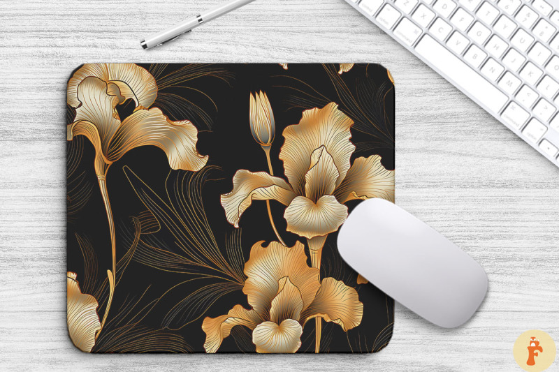 iris-floral-golden-line-art-mouse-pad