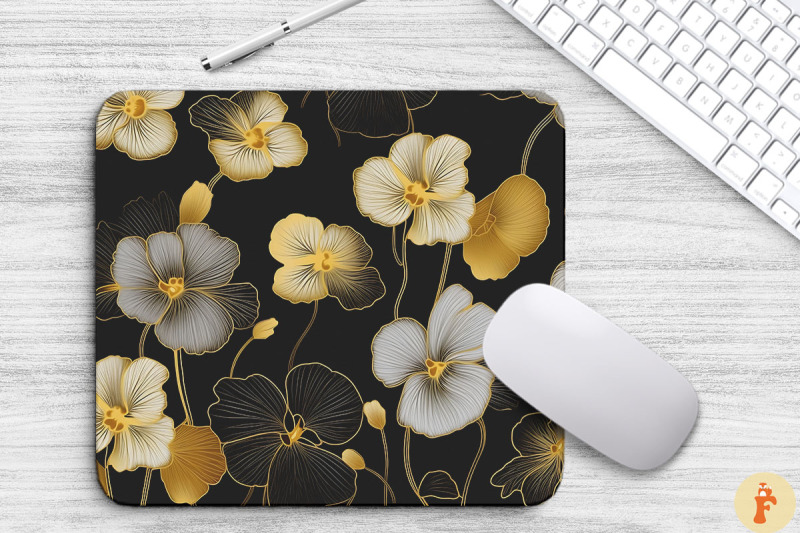 pansy-floral-golden-line-art-mouse-pad