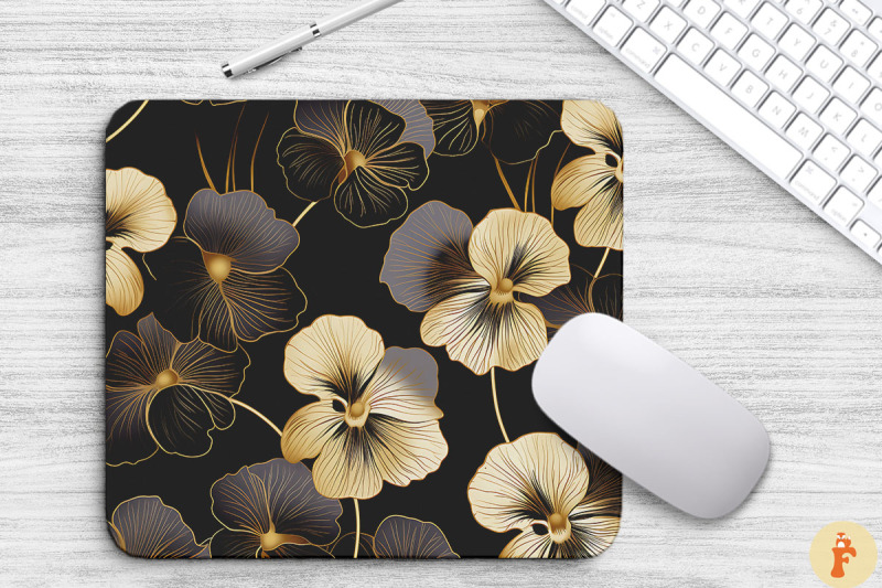 pansy-floral-golden-line-art-mouse-pad