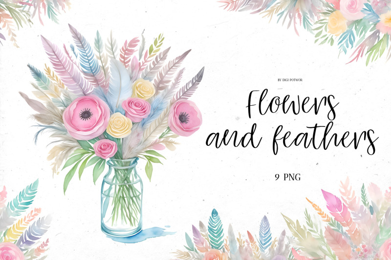 watercolor-quot-flowers-and-feathers-quot-bundle-png-cliparts