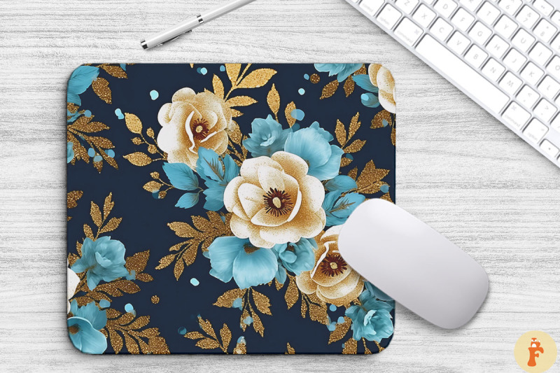 cyan-and-gold-floral-bouquet-mouse-pad