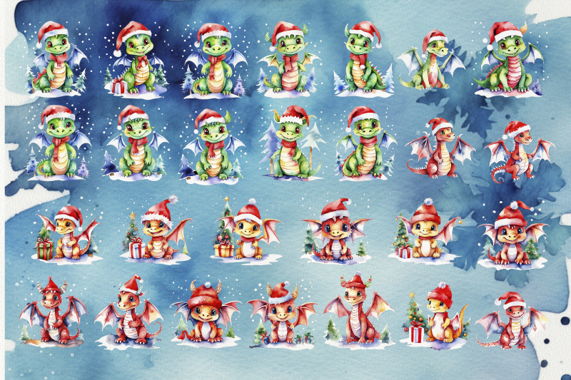 watercolor-christmas-cute-dragons