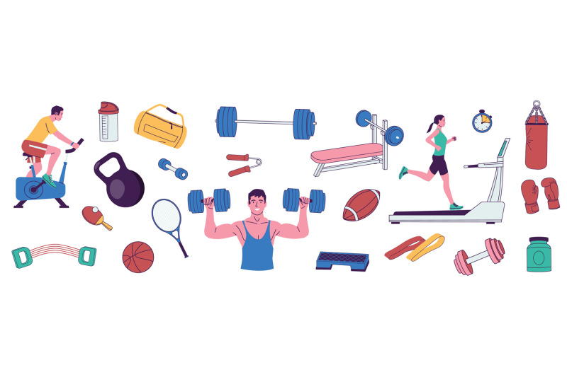 fitness-people-with-equipment-set-cartoon-sport-persons-with-barbell