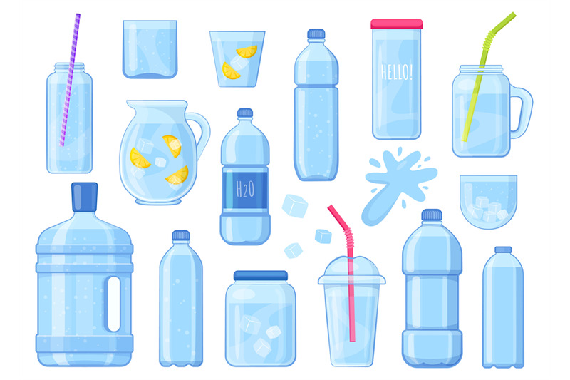 cartoon-water-package-set-glass-bottles-and-plastic-containers-with-c