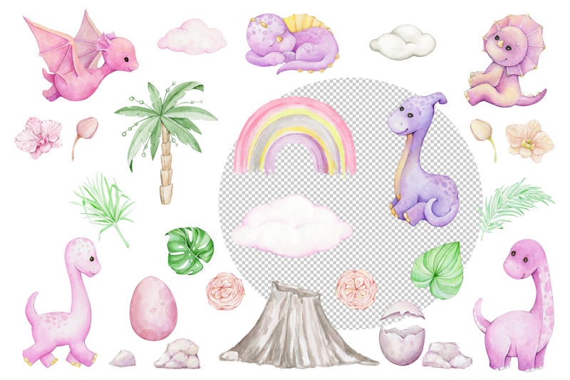 dinosaur-watercolor-clipart-pink-animals-clip-art-set-girl-wall-art