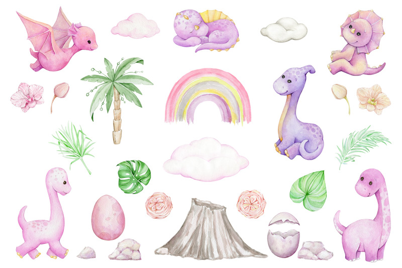 dinosaur-watercolor-clipart-pink-animals-clip-art-set-girl-wall-art