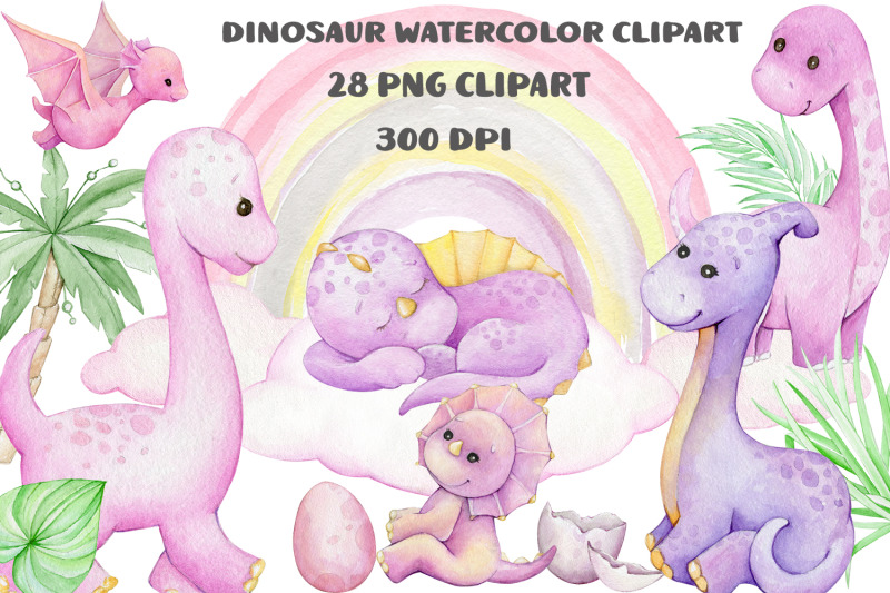 dinosaur-watercolor-clipart-pink-animals-clip-art-set-girl-wall-art