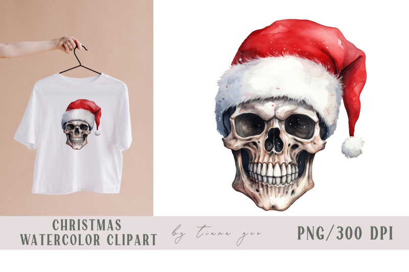 watercolor-christmas-skull-with-santas-red-hat-clipart-1-png