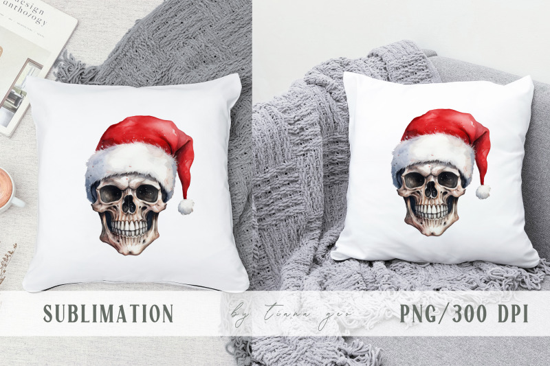 watercolor-christmas-skull-with-santas-red-hat-clipart-1-png
