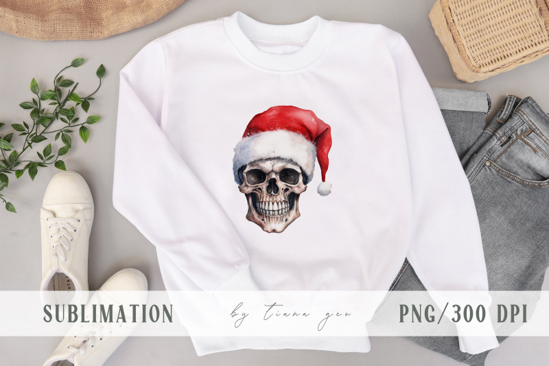 watercolor-christmas-skull-with-santas-red-hat-clipart-1-png