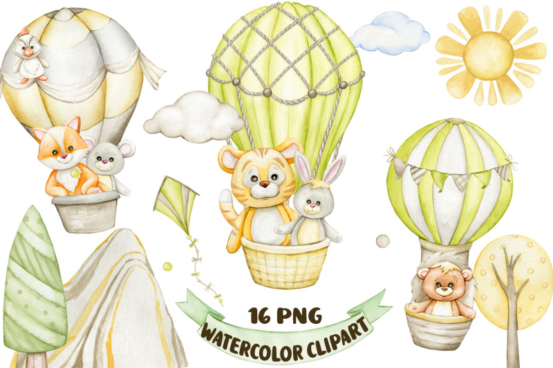 woodland-animals-watercolor-clipart-hot-air-balloon-clip-art-boho-nu
