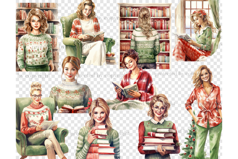 holiday-reading-girls-clipart-books-bundle-png