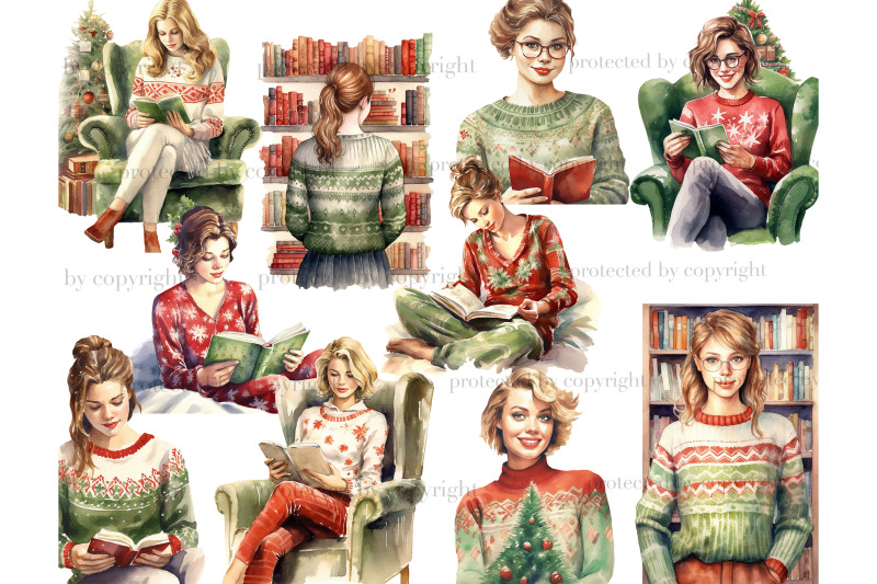 holiday-reading-girls-clipart-books-bundle-png