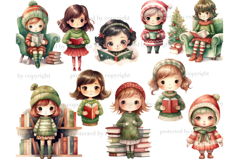 christmas-cute-bookworm-clipart-kawaii-illustrations-set