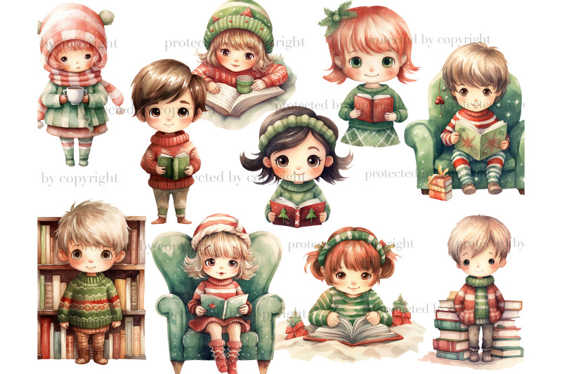 christmas-cute-bookworm-clipart-kawaii-illustrations-set