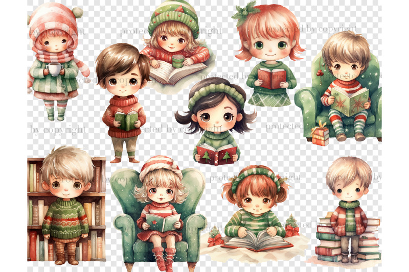 christmas-cute-bookworm-clipart-kawaii-illustrations-set