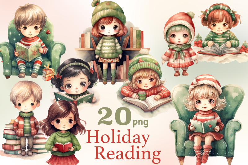 christmas-cute-bookworm-clipart-kawaii-illustrations-set