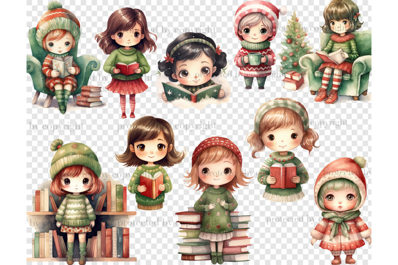 christmas-cute-bookworm-clipart-kawaii-illustrations-set